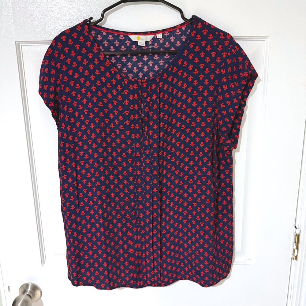 Boden Navy Blue Red Floral Pleated V-Neck Viscose Blouse WA774 US 14